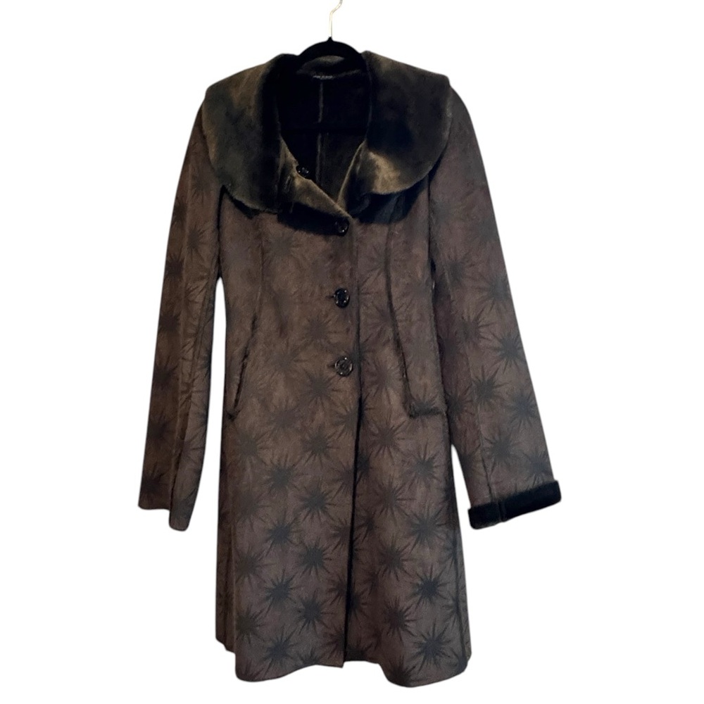 Brown Vintage Starburst Coat  Fur l lining and Collar Mid-Length Jacket